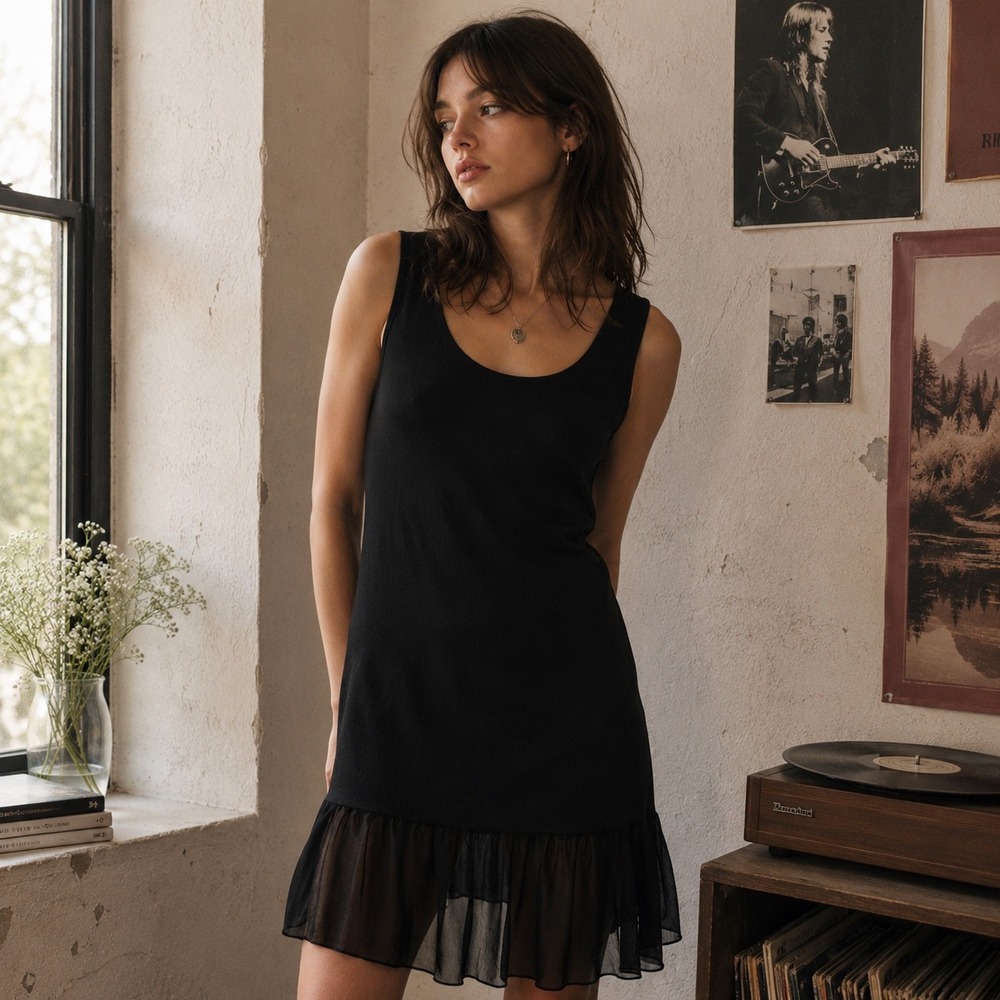 Fantazia Chiffon‎ Hem Mini Dress S Black Cotton Blend Goth 90s Grunge Whimsigoth